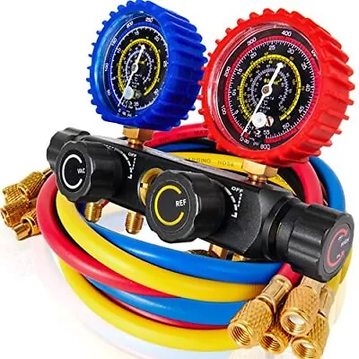 4 Way AC Manifold Gauge Set HVAC Gauges With 5FT HoseAc Gauges For R410A R134A • $69.77