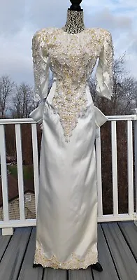 Unbranded VTG 80s White Satin Lace Beaded Sequin Wedding Evening Dress Sz 6-8 • $139