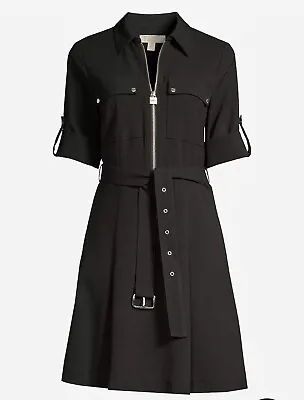 Michael Kors Black Roll Tab Sleeve Zip Front NO BELT Utility Shirt Dress Sz. XS • $18.50