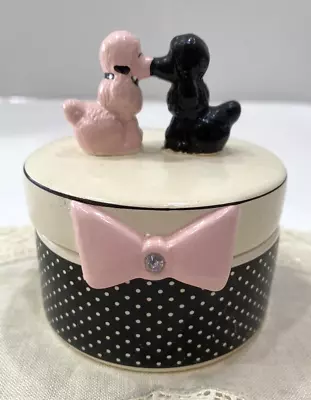 Vintage Starpoint FAB Ceramic Pink Black Poodle Dog Kissing Round Trinket Box • $16.99