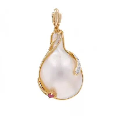 Yellow Gold Cultured Mabe Pearl Diamond Ruby Enhancer Pendant - 14k .13ctw • $459.99