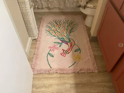 Large Vintage MCM Cotton Chenille Peacock Rug • $60