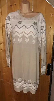 Beige Cream Fair Isle Knit Jumper Dress Uk 18 20 Eu 46 48 Chunky Warm Christmas • £8.50