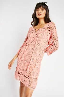 £14 • Buy Coral  Cotton  Crochet Tunic Dress Beach Cover Up With Vest Liner Size 12/14