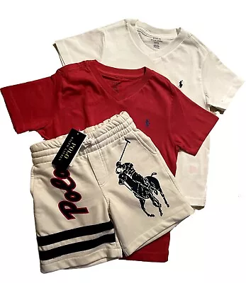 Ex Ralph Lauren Polo Boys White Big Pony 3 Pack Shorts T Shirt Set Age 4 • £22.99