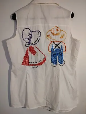 VNTG Studio C White Sleeveless Button Shirt Hand Stitch Farm Boy Girl  A  - 14 • $4.99