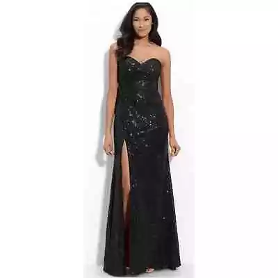 La Femme 2 Black Strapless Sequin Gown Side Slit Prom Ruched Formal Dress Event • $160