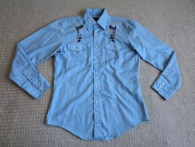 Vintage BJ-R Shirt Men Medium 15-15.5 Blue Pearl Snap Embroidered Yoke Western • $25.49