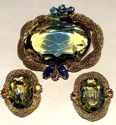 Vintage Jewelry Juliana Givre' Stone Twisted Mesh Frame Brooch Set Blue Green • $25