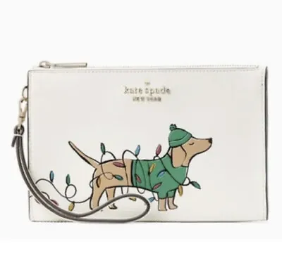 KATE SPADE Claude Dachshund Dog Medium Cream Multi Wristlet Wallet ID Case NWT • £114.85