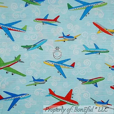 BonEful Fabric FQ Cotton Quilt Blue White Red American Boy Airplane Calico Cloud • $5.25