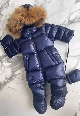 ADD Baby Down Snowsuit Size 6M Raccoon Fur Trim Detachable Mittens • $55