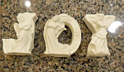 Set Of 3 VINTAGE Ceramic Angel Candle Holders J O Y JOY Beige Christmas Holiday • $14