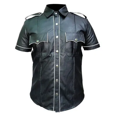 MENS REAL LEATHER Black Police Military Style Shirt GAY BLUF ALL SIZE Hot Shirt • £89.99