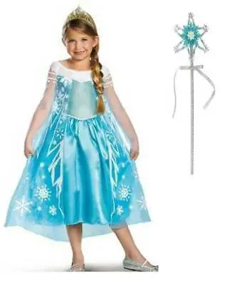 Girls Elsa Disney Princess Frozen Dress Tiara Wand 3 Pc Halloween Costume-sz 7/8 • $30