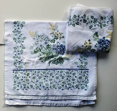 Pair Of Laura Ashley Josephine Cotton Bath Towels White W/ Blue / Green Flowers • $39.60