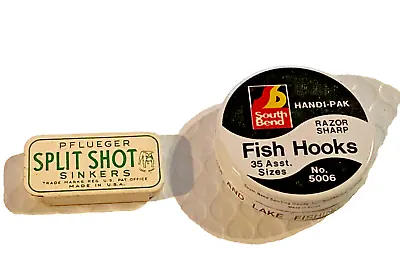 2 METAL VINTAGE FISHING TINS -  Pflueger Split Shot Sinkers AND South Bend Hooks • $11.85