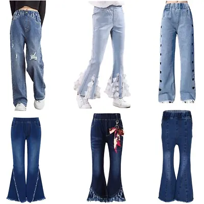 $13.79 • Buy Girls Jeans Denim Elastic Wasit Wide Leg Baggy Pants Kids Bell-Bottom Trousers