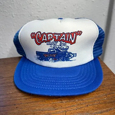 Vintage Captain Hat Cap Mens Blue White Foam Mesh SnapBack Trucker Funny Cartoon • $20.13