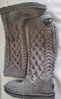 Nwob Kids Girls Size 3 Grey Ugg Classic Cardi Cabled Knit Tall Boots 1143702k • $93.46