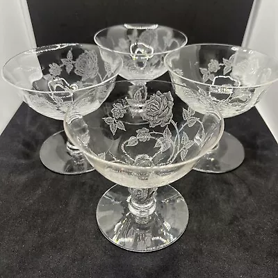 Set Of 4 Vintage Heisey Rose Etched Clear Champagne/ Sherbert Glasses Elegance • $10.99