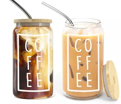 Set Of 2 | 16 Oz Iced Coffee Cup With Bamboo Lids + Straws | Mason Jar Cups &... • $28.52