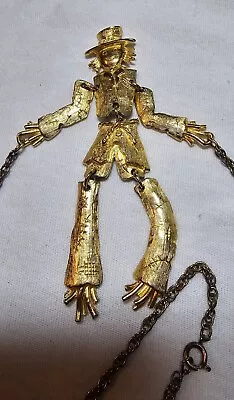 Articulating Moveable Scarecrow Pendant Vintage Statement Necklace Gold Tone • $16