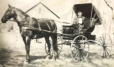 Antique Vtg RPPC Horse Drawn Buggy Carriage Edwardian Man Bow Tie Suit #76 • $9.99