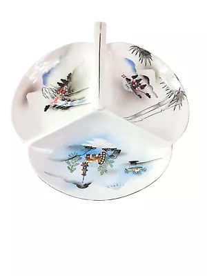 $34.50 • Buy VTG Kutani China Plate 3 Part Divided White Dish Handle Scenic Paintings Japan