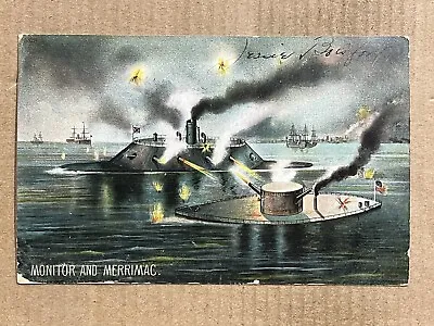 Postcard Civil War Naval Battle USS Monitor Merrimack Navy Ships Vintage 1907 • $11.99