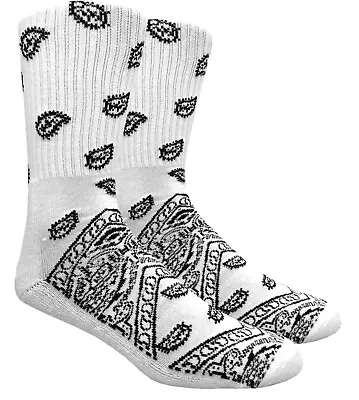 White Paisley Bandana Pattern Print Knit Men’s Crew Socks Tube “Mad Toro” • $7.49
