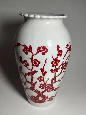 Vntg Retro MCM Anchor Hocking FireKing  Red & White Bird Blossom Vitrock Vase 9  • $20