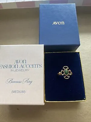 Vtg '73 Avon BARONESS RING Gold Tone Faux Jade Maltese Cross Sz M W Box NOS • $15