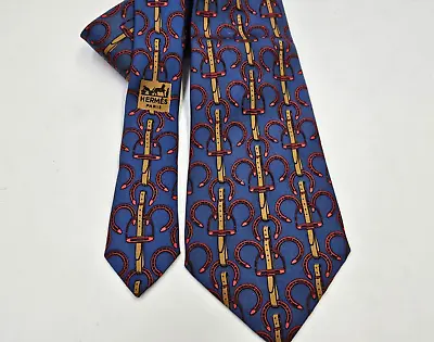 Vintage Hermes France Silk Tie Blue Equestrian Horseshoe Bridle Stirrup 517 IA • $45