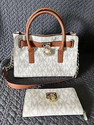 Michael Kors Hamilton Traveler Vanilla Monogram Satchel Shoulder Bag W/ Wallet • $124.95