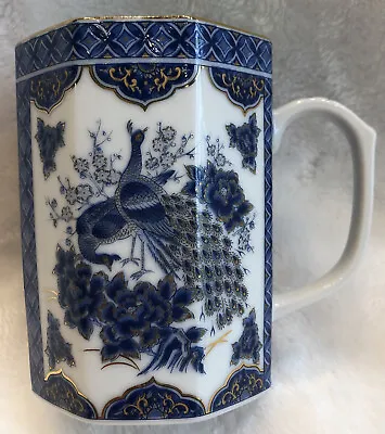 ONE Blue Peacock Cup Mug With GOLD ACCENTS Pottery House. Japan. Octagon • £16.39