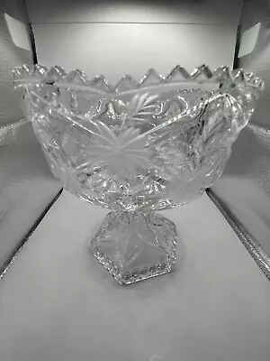 Vintage Lead Crystal Diamond Etched Floral Sawtooth Rim Candy Compote Dish • $26