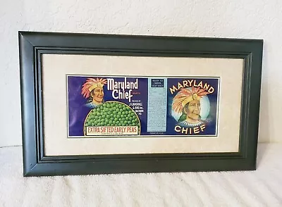 VTG 1940's Framed Maryland Chief Brand Peas Baltimore Tin Can Label Vegetables  • $39.99