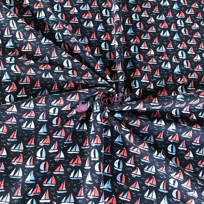 Cotton Lycra Jersey 4 Way Stretch Oeko-Tex 100% Fabric- Sailing Boats • £10.99