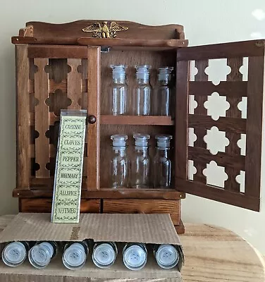 Vintage Wooden Spice Rack Cabinet 2 Door 2 Drawer 12 Glass Bottles & Labels -NEW • $75