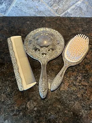 Vintage Antique Silver Plated Handheld Mirror Brush And Comb Set Heavy. • $29.99