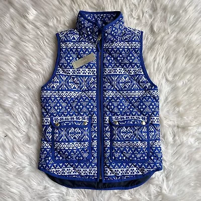 J. Crew Excursion Quilted Down Puffer Vest Women’s XS Petite Blue Fair Isle Zip • $31.95