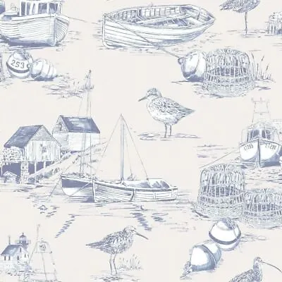 £10.99 • Buy Arthouse Curlew Bay Birds Boats Wallpaper In Blue – 699300 & Grey - 905004