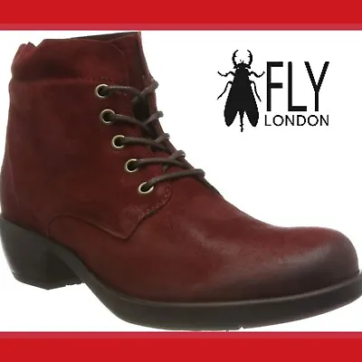 UK 5 Fly London Red Suede £145 Lace Up Ankle Boot Mesu780 Low Burgundy Maroon • £29