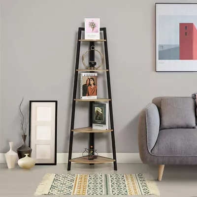 5 Tier Corner Ladder Shelf Display Rack Oak Metal Frame Industrial Bookshelf • $84.99