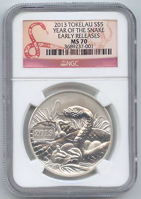 Tokelau 2013 $5 Year Of The Snake1 Ounce 0.999 SilverNGC MS-70 Early Releases • $59