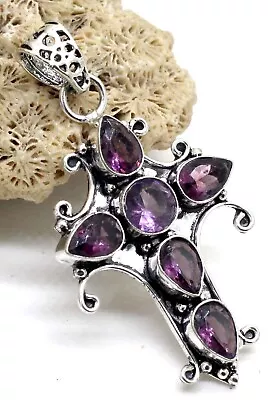 925 Sterling Silver Purple Amethyst Gemstone Jewelry Cross Pendant Size-2 • $14.53