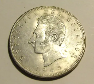 Ecuador 1943 5 Sucres Silver Unc Coin • $59.99