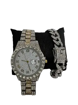 Watch & Bracelet Set Gold & Silver Bling Cubic Zirconia Studded Iced Out Diamond • £19.95