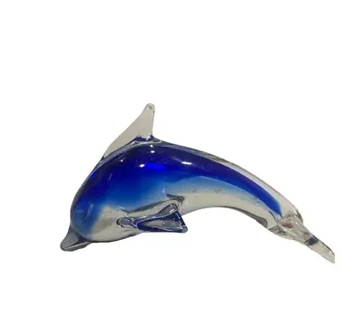 Murano Hand Blown Art Glass Clear & Blue Jumping Dolphin 6  Figurine Paperweight • $17.50